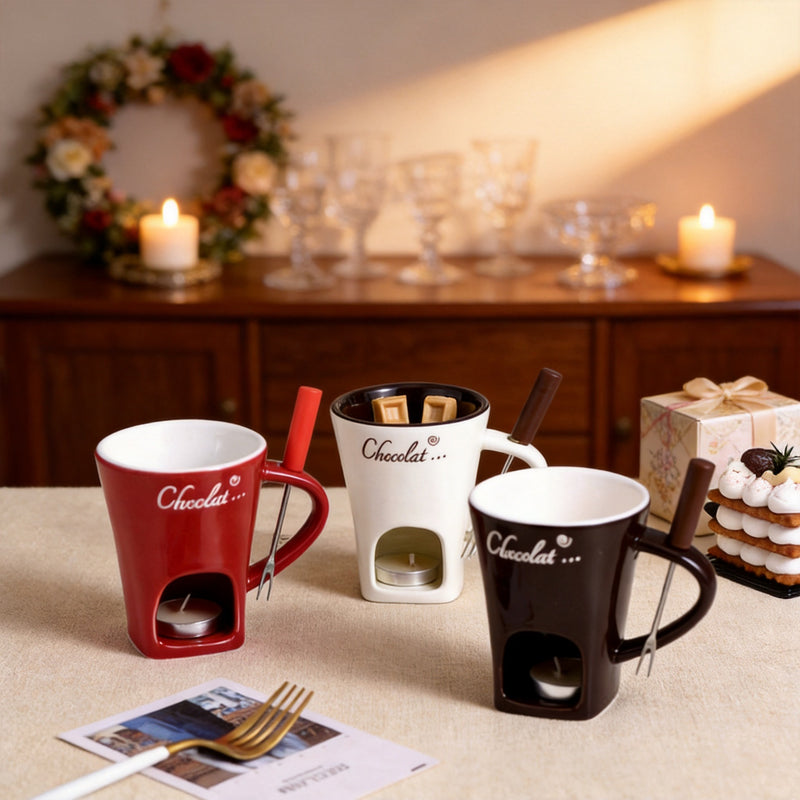MugMelts fondue mugs in red, white and brown