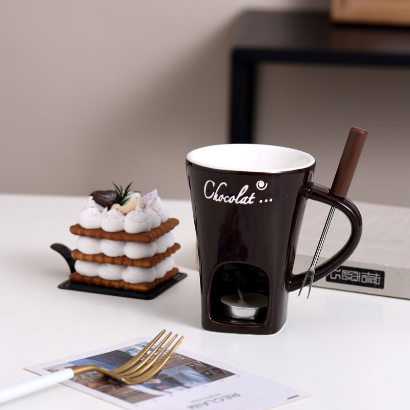 MugMelts chocolate brown mini fondue mug with its fork