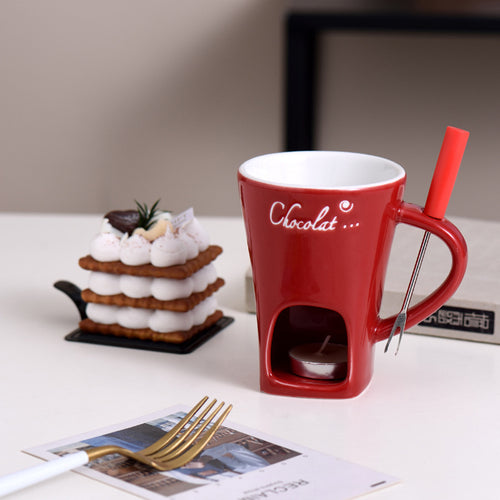 MugMelts red mini fondue mug with its fork